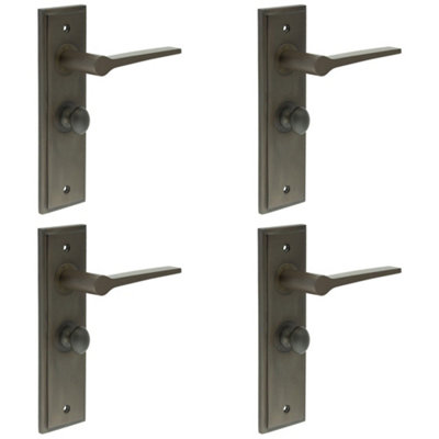 4 PACK Dark Bronze Door Handle & Backplate with Turn & Release for Bathrooms - Solid Brass Interior Handle