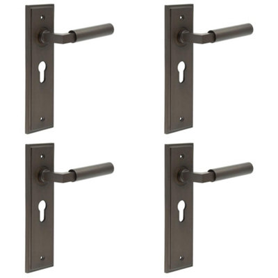 4 PACK Dark Bronze Door Handle EURO Lock Backplate for Modern Homes - Solid Brass Interior Lever