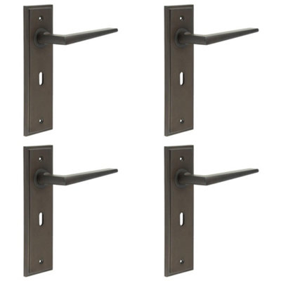 4 PACK Dark Bronze Lever Door Handle Lock Backplate for Modern Homes - Solid Brass Interior Handle