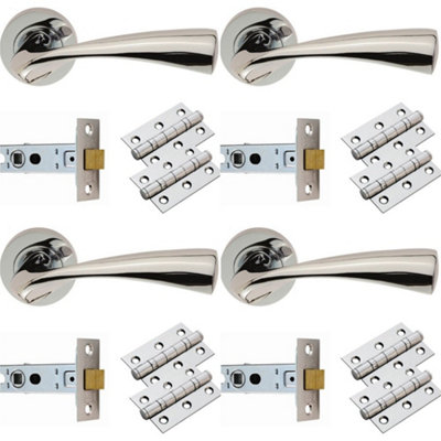 4 PACK - Door Handle & Latch Pack Set- Chrome Curved Flaired Lever Screwless Round Rose Kit
