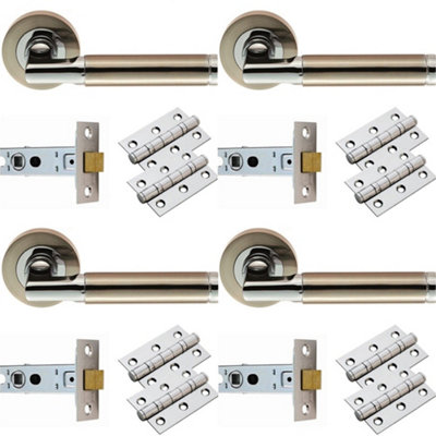 4 PACK - Door Handle & Latch Pack Set- Chrome & Nickel Straight Bar Screwless Round Rose Kit