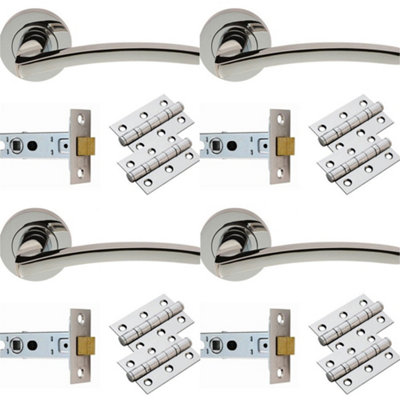 4 PACK - Door Handle & Latch Pack Set- Polished Chrome Slim Curved Screwless Round Rose Kit