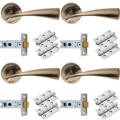 4 PACK - Door Handle & Latch Pack Set- Satin Nickel Curved Flaired Screwless Round Rose Kit