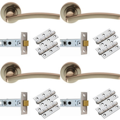 4 PACK - Door Handle & Latch Pack Set- Satin Nickel Slim Curved Screwless Round Rose Kit