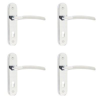 4 PACK Dual Finish Aluminium Suite Door Handle with Lockplate in Polished and Satin Chrome - Interior Lever on Backplate