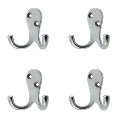 4 PACK Durable Satin Chrome Double Robe Hook - 53mm Premium Quality - Wall Mounted Clothing Hook