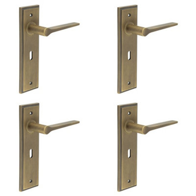 4 PACK Elegant Antique Brass Door Handle Lock Backplate for Modern Homes - Solid Brass Interior Handle