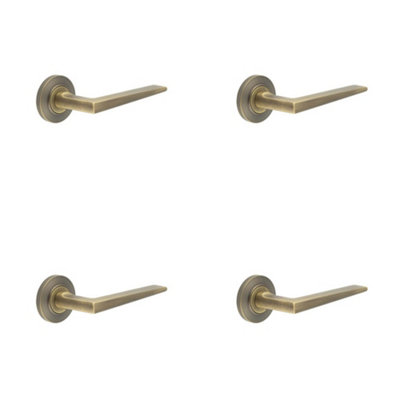 4 PACK Elegant Antique Brass Door Handle on Chamfered Rose for Luxury Homes - Solid Brass Interior Handle