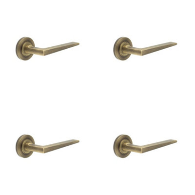 4 PACK Elegant Antique Brass Door Handle on Reeded Rose for Luxury Homes - Solid Brass Interior Handle