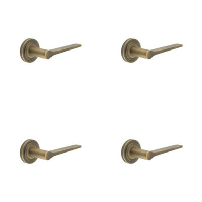 4 PACK Elegant Antique Brass Door Handle on Stepped Rose for Classic Interiors - Solid Brass Interior Handle