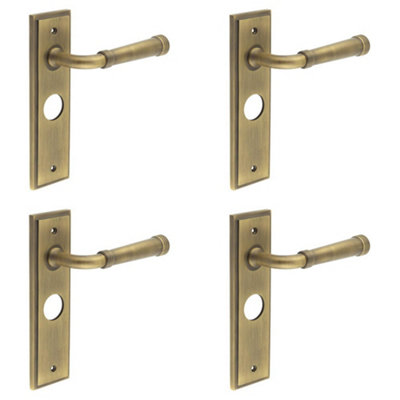 4 PACK Elegant Antique Brass Door Handle with Backplate for Bathroom - Solid Brass Interior Handle