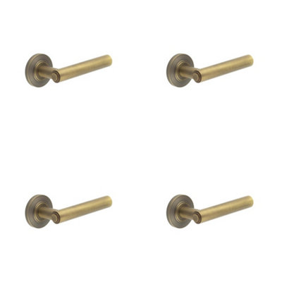 4 PACK Elegant Antique Brass Door Handle with Chamfered Rose Design - Solid Brass Interior Handle