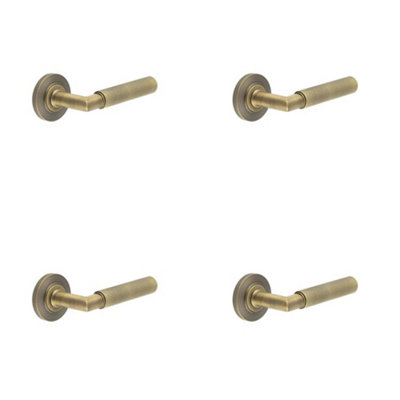 4 PACK Elegant Antique Brass Door Handle with Chamfered Rose - Solid Brass Interior Handle