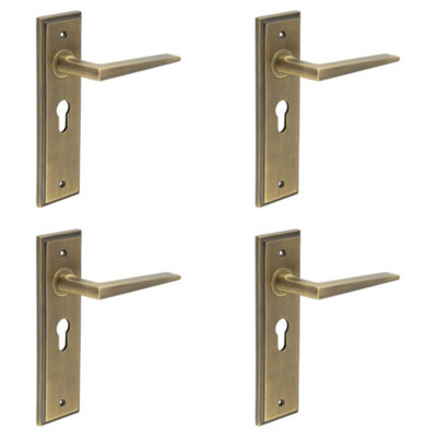 4 PACK Elegant Antique Brass Door Handle with Euro Backplate Solid Brass - Interior Handle