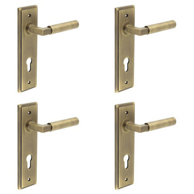 4 PACK Elegant Antique Brass Door Handle with Euro Backplate - Solid Brass Interior Lever Lock Handle