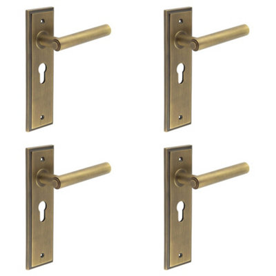 4 PACK Elegant Antique Brass Door Handle with Euro Backplate - Solid Brass Interior Lever Lock