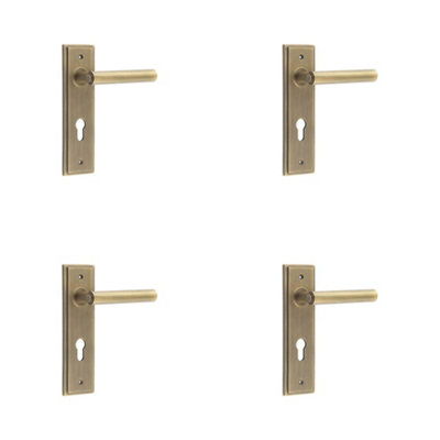 4 PACK Elegant Antique Brass Door Handle with Euro Backplate - Solid Brass Interior Lever