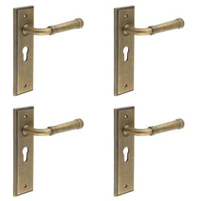 4 PACK Elegant Antique Brass Euro Backplate Door Handle for Luxury Homes - Solid Brass Interior Handle