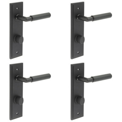 4 PACK Elegant Black Door Handle with Bathroom Backplate and Turn Release - Solid Brass Interior Handle
