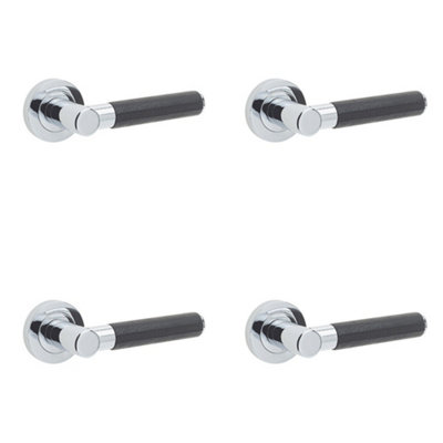 4 PACK Elegant Black Leather Door Handle with Polished Chrome Finish - Interior Handle