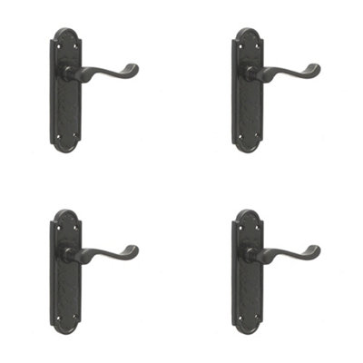 4 PACK Elegant Black Suite Door Handle with Latchplate Interior Lever on Backplate - Traditional Black Iron