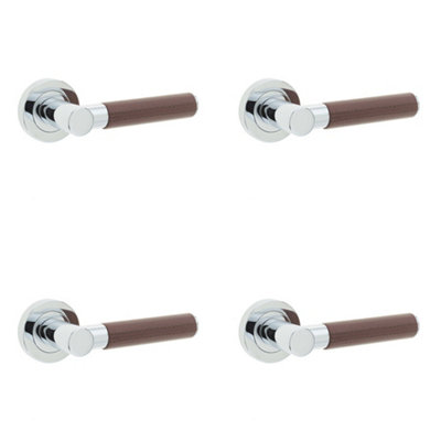 4 PACK Elegant Brown Leather Door Handle with Polished Chrome Rose - Interior Handle