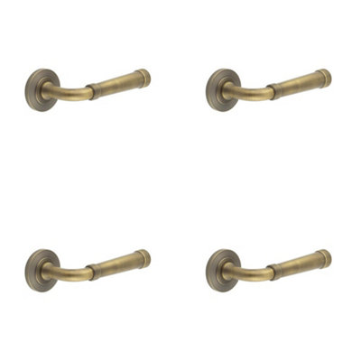 4 PACK Elegant Chamfered Rose Door Handle in Antique Brass - Solid Brass Interior Handle