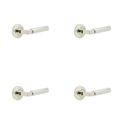 4 PACK Elegant Chamfered Rose Door Handle in Polished Nickel Solid Brass Interior Handle