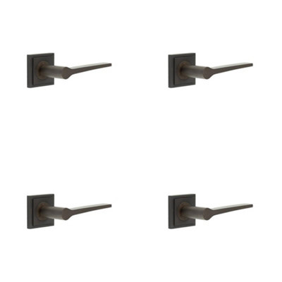 4 PACK Elegant Dark Bronze Door Handle on Square Stepped Rose for Classic and Modern Interiors - Solid Brass Interior Handle