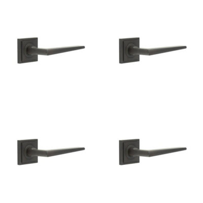 4 PACK Elegant Dark Bronze Door Handle on Square Stepped Rose - Solid Brass Interior Handle