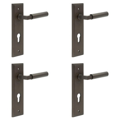 4 PACK Elegant Dark Bronze Door Handle with Euro Backplate - Solid Brass Interior Lever Lock