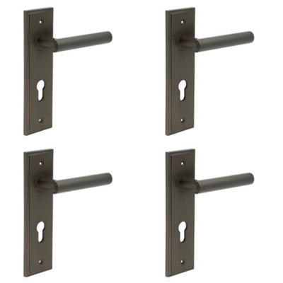 4 PACK Elegant Dark Bronze Door Handle with Euro Backplate - Solid Brass Interior Lever