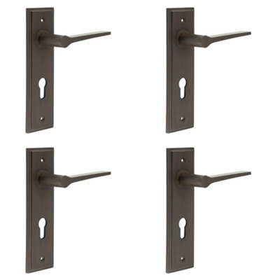 4 PACK Elegant Dark Bronze Euro Backplate Door Handle - Solid Brass Interior Handle
