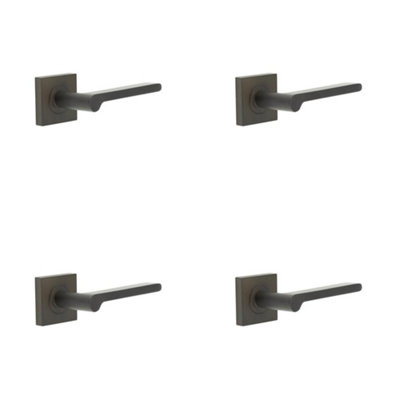 4 PACK Elegant Dark Bronze Square Door Handle with Plain Rose - Solid Brass Interior Handle