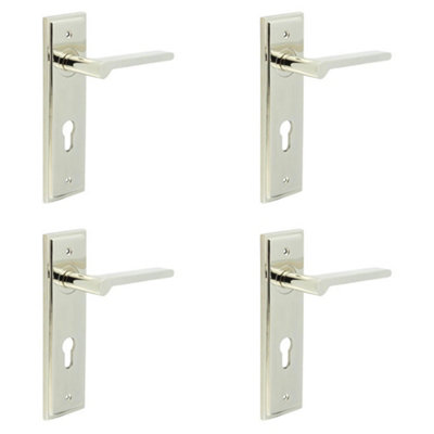 4 PACK Elegant Door Handle with Euro Backplate in Polished Nickel Finish - Solid Brass Interior Handle