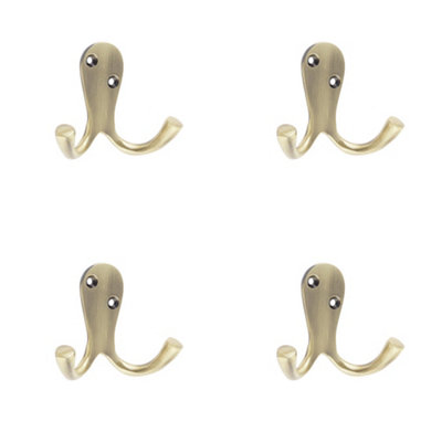 4 PACK Elegant Double Robe Hook in 53mm Antique Brass Finish - Wall Mounted Clothing Hook