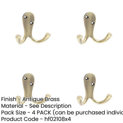 4 PACK Elegant Double Robe Hook in 53mm Antique Brass Finish - Wall ...