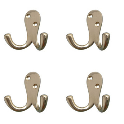 4 PACK Elegant Double Robe Hook in Polished Brass - 53mm - Wall Mounted Clothing Hook