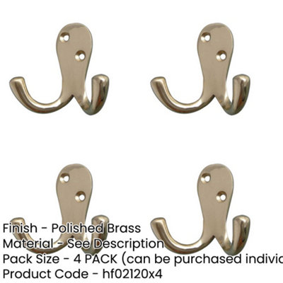 4 PACK Elegant Double Robe Hook in Polished Brass - 53mm - Wall Mounted Clothing Hook