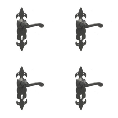 4 PACK Elegant Fleur De Lys Black Door Handle with Lockplate for Classic Homes - Interior Lever on Backplate