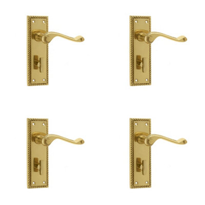 4 PACK Elegant Georgian Suite Door Handle with Polished Brass Finish for Bathroom - Interior Lever on Backplate