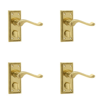 4 PACK Elegant Georgian Suite Door Handle with Privacy Plate in Polished Brass - Interior Lever on Backplate