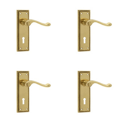 4 PACK Elegant Georgian Suite Polished Brass Door Handle with Lockplate - Interior Lever on Backplate