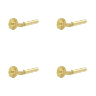 4 PACK Elegant Knurled Satin Brass Door Handle with Rose Design - Solid Brass Interior Handle