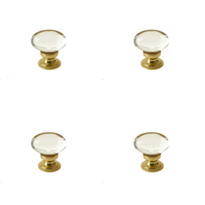 4 PACK Elegant Oval Glass Cupboard Knob in Polished Brass Finish - 41x26mm - Kitchen Cabinet Knob