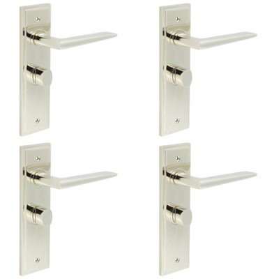 4 PACK Elegant Polished Nickel Bathroom Door Handle with Backplate and Turn Release Solid Brass - Interior Handle