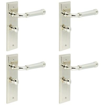 4 PACK Elegant Polished Nickel Bathroom Door Handle with Backplate and Turn Release - Solid Brass Interior Handle