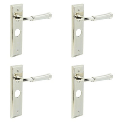 4 PACK Elegant Polished Nickel Bathroom Door Handle with Backplate - Solid Brass Interior Toilet Handle