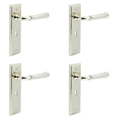 4 PACK Elegant Polished Nickel Door Handle Lock Backplate - Solid Brass Interior Handle