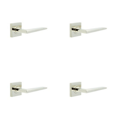 4 PACK Elegant Polished Nickel Door Handle on Square Rose for Luxury Interiors - Solid Brass Interior Handle